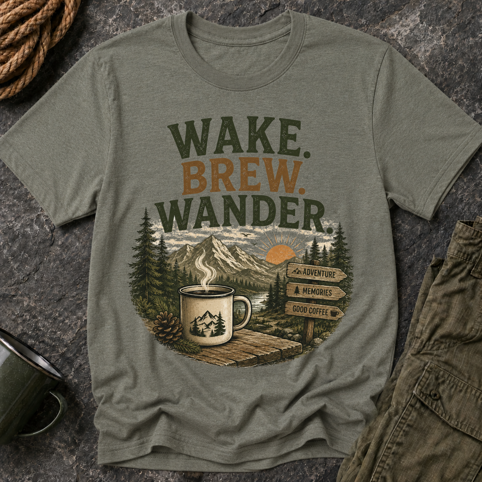 Wake. Brew. Wander. T-Shirt