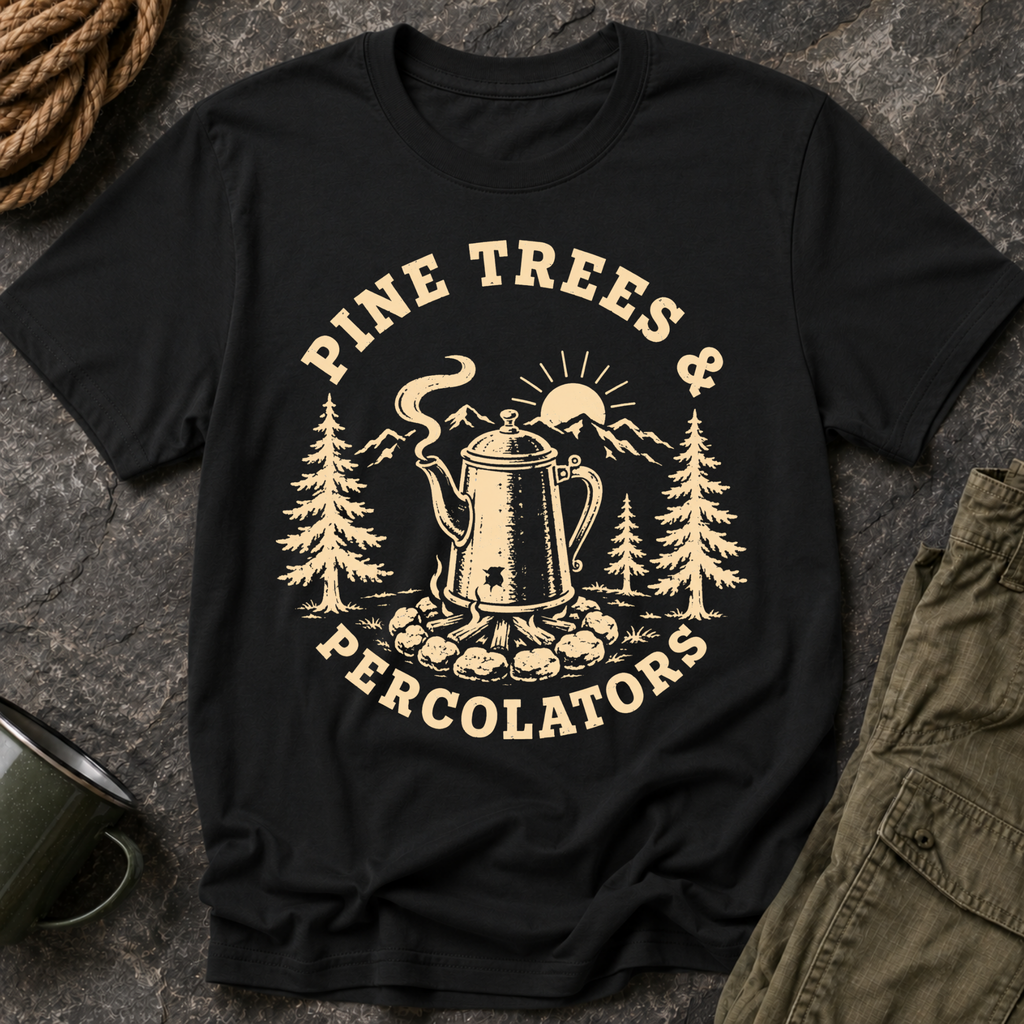 Pine Trees & Percolators Coffee Camping T-Shirt