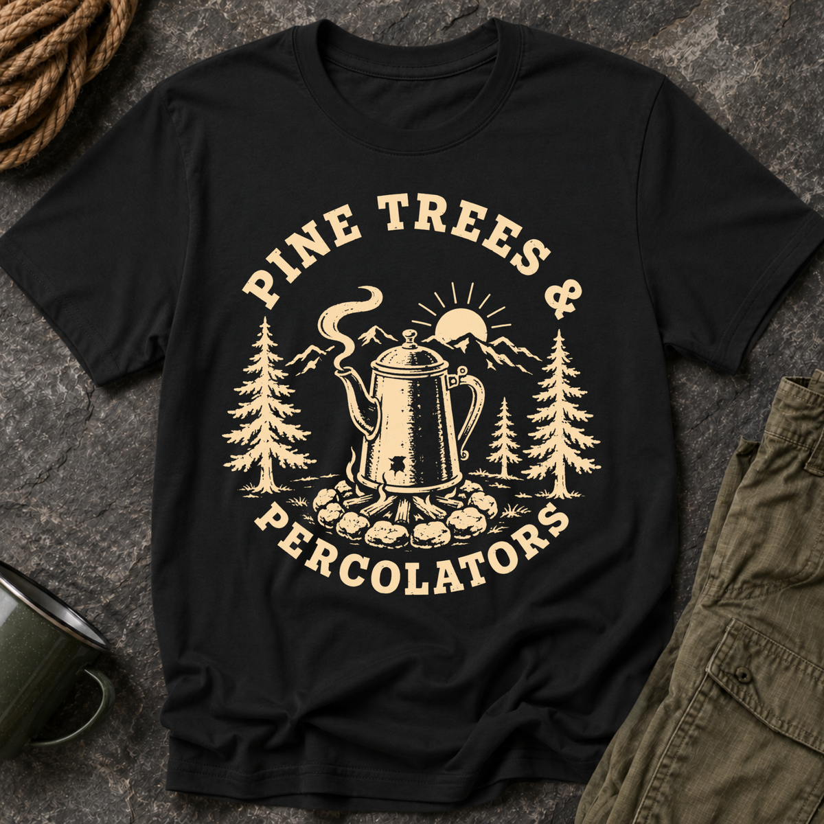 Pine Trees & Percolators Coffee Camping T-Shirt