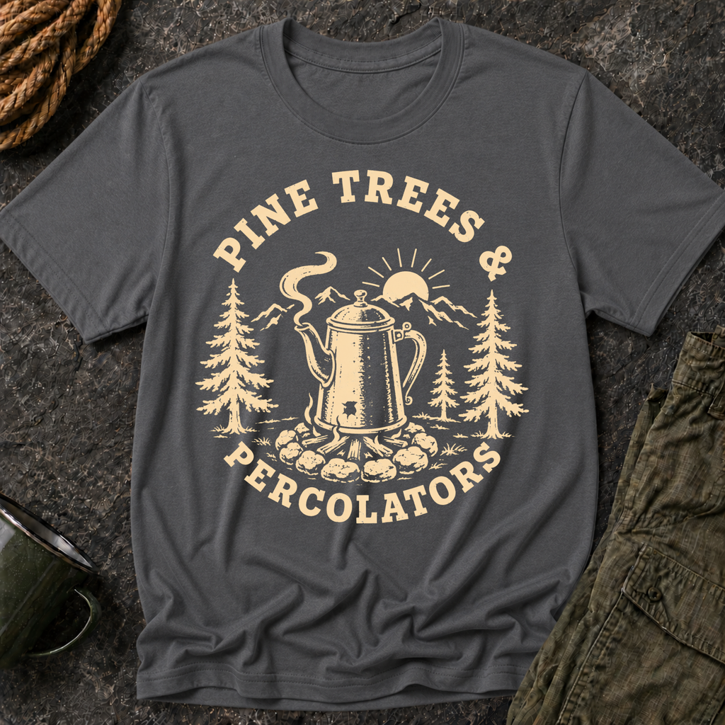 Pine Trees & Percolators Coffee Camping T-Shirt