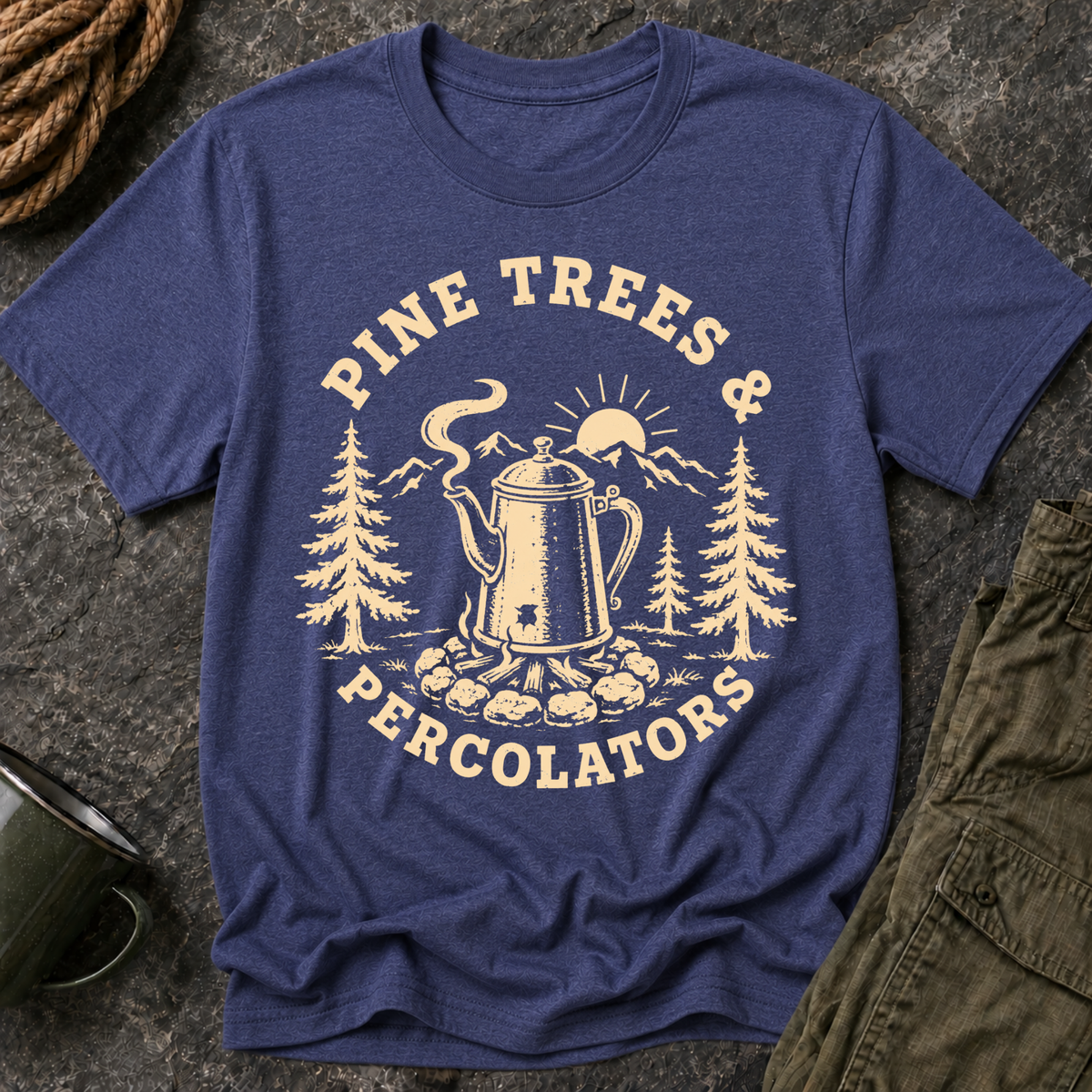 Pine Trees & Percolators Coffee Camping T-Shirt