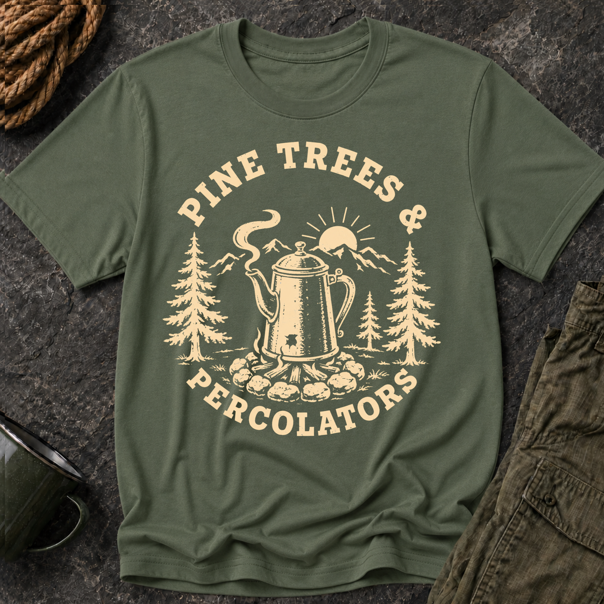 Pine Trees & Percolators Coffee Camping T-Shirt