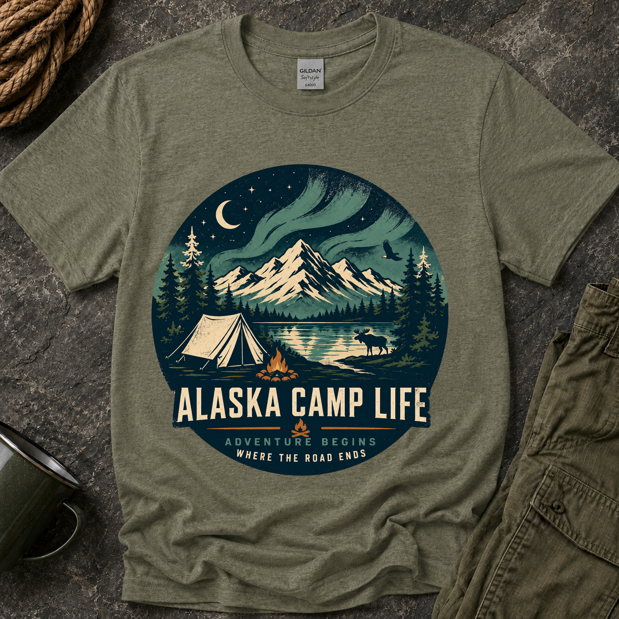 Alaska Camp Life T-Shirt — Northern Lights Mountain Camping Tee