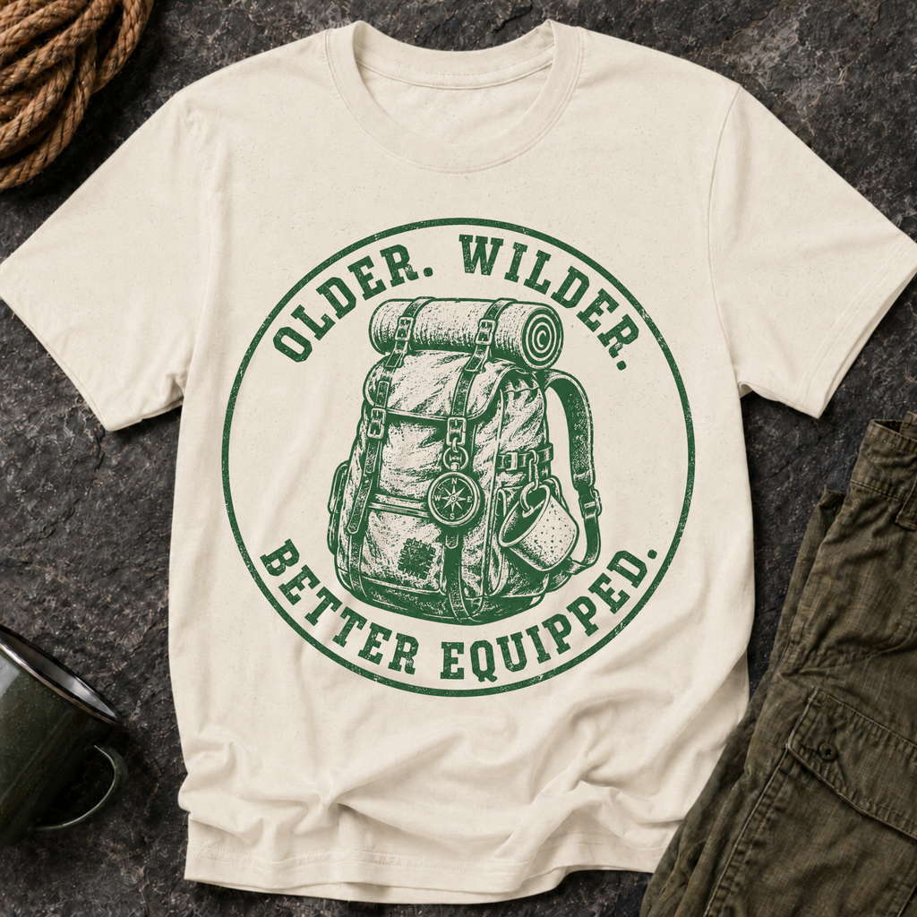 T-Shirt — "Older. Wilder. Better Equipped." Adventure Backpack Graphic