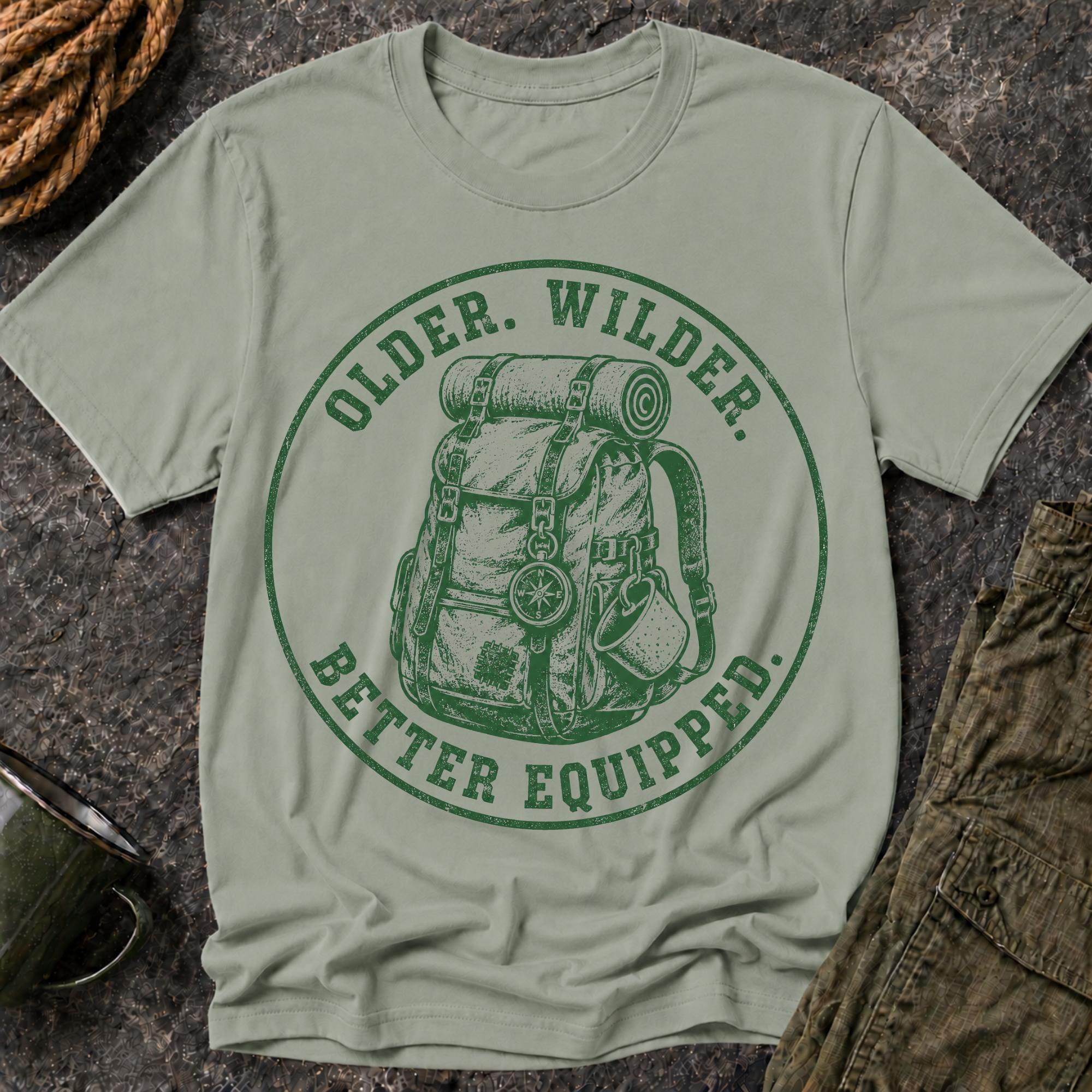 T-Shirt — "Older. Wilder. Better Equipped." Adventure Backpack Graphic