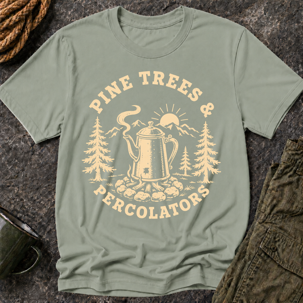 Pine Trees & Percolators Coffee Camping T-Shirt