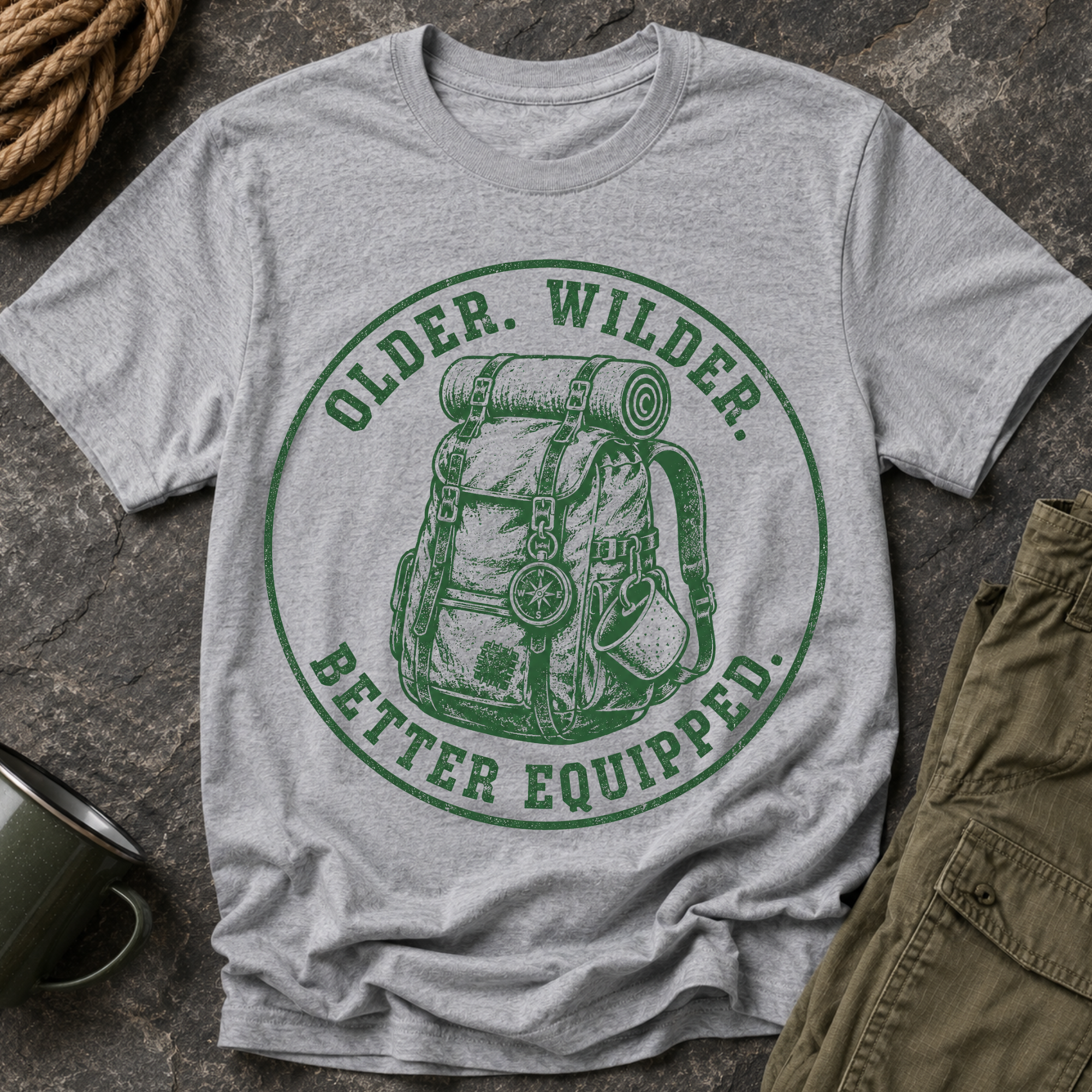 T-Shirt — "Older. Wilder. Better Equipped." Adventure Backpack Graphic