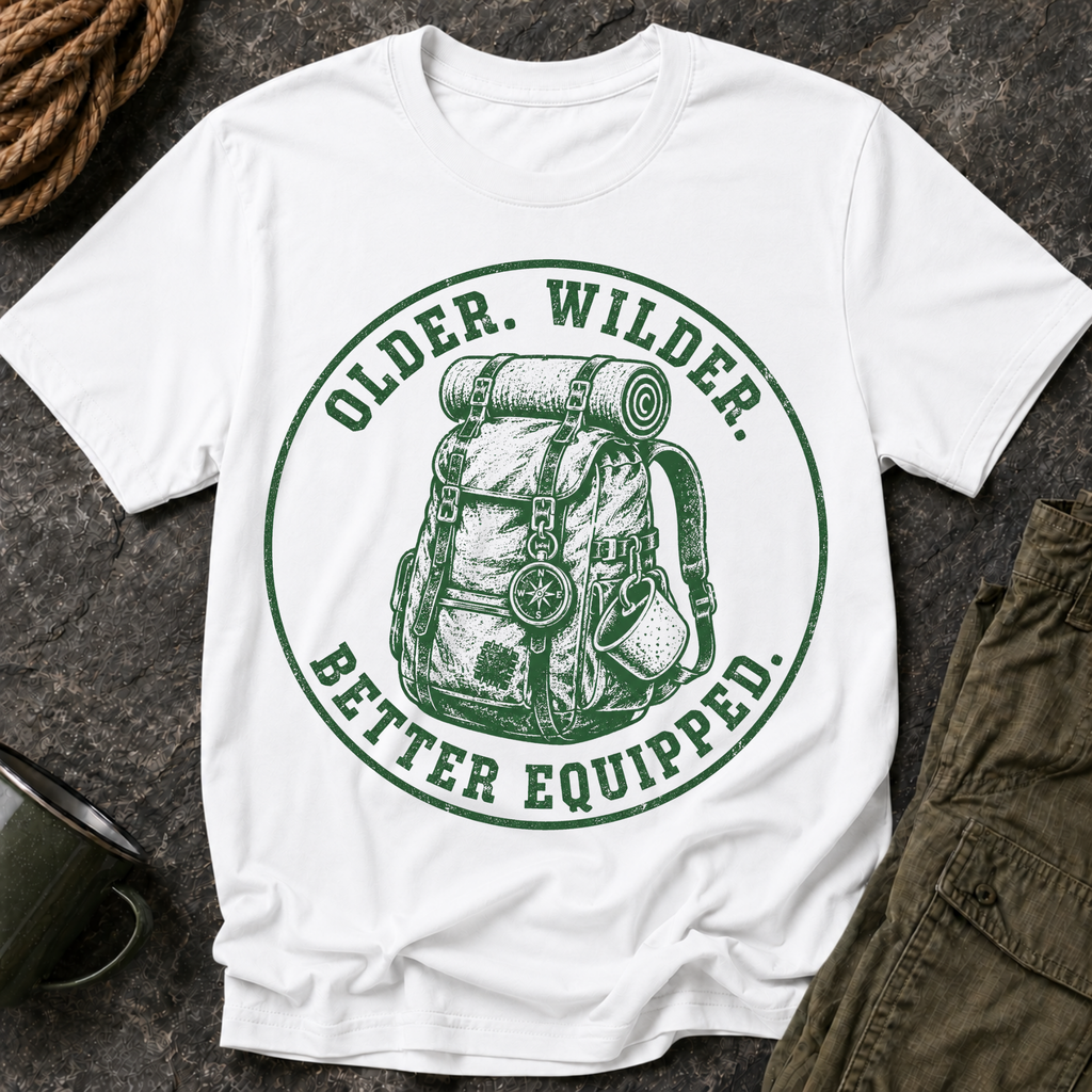 T-Shirt — "Older. Wilder. Better Equipped." Adventure Backpack Graphic